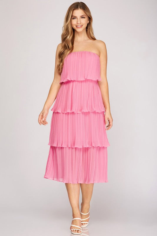 PLEATED LAYERED MIDI DRESS