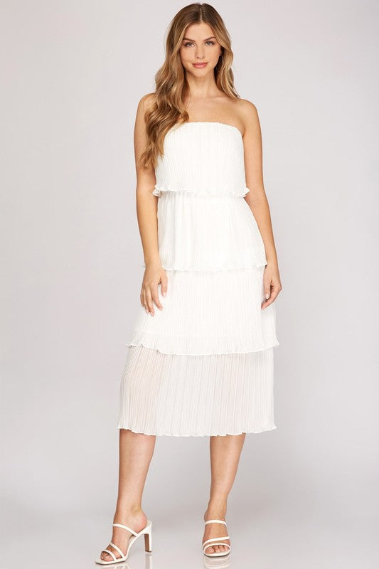 PLEATED LAYERED MIDI DRESS