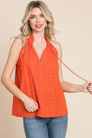 HALTER FLARE EYELET TOP