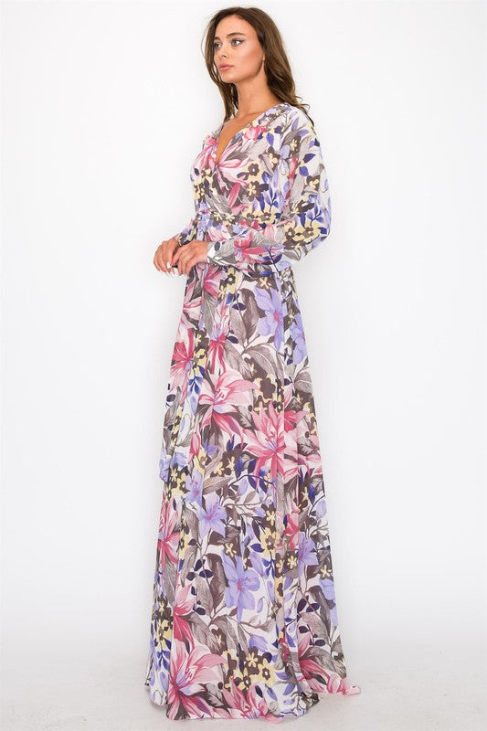 CHIFFON PRINT LONG SLEEVE V-NECK MAXI DRESS