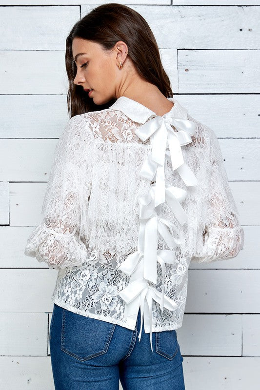 RUFFLED LACE BLOUSE WITH BOWKNOT