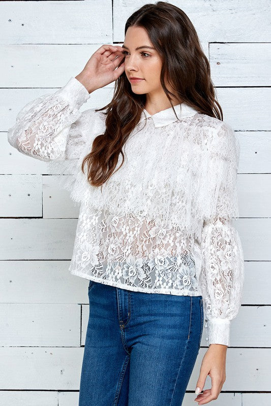 RUFFLED LACE BLOUSE WITH BOWKNOT