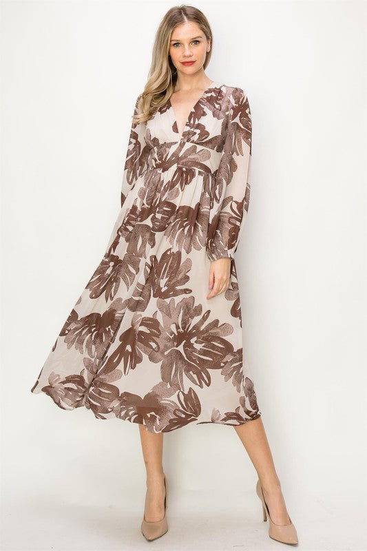 CHIFFON LONG SLEEVE V-NECK MIDI DRESS