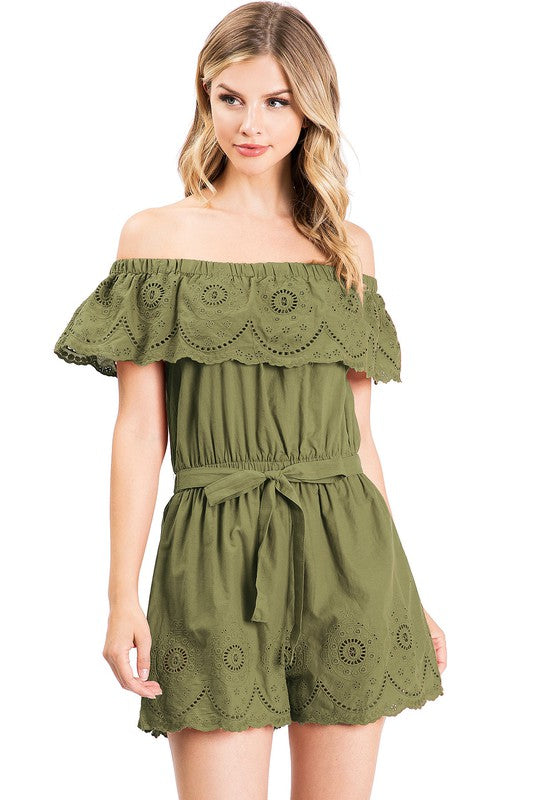 OFF SHOULDER EYELETS ROMPER