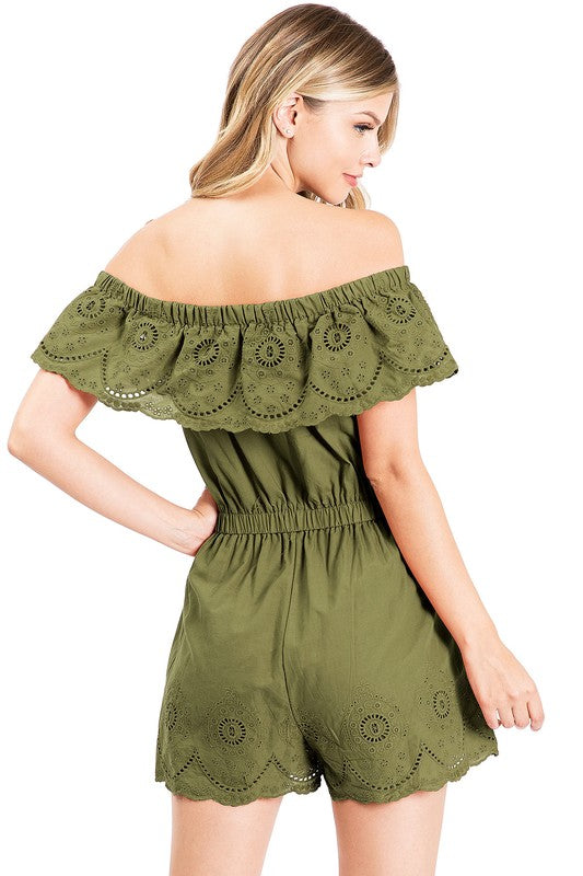 OFF SHOULDER EYELETS ROMPER