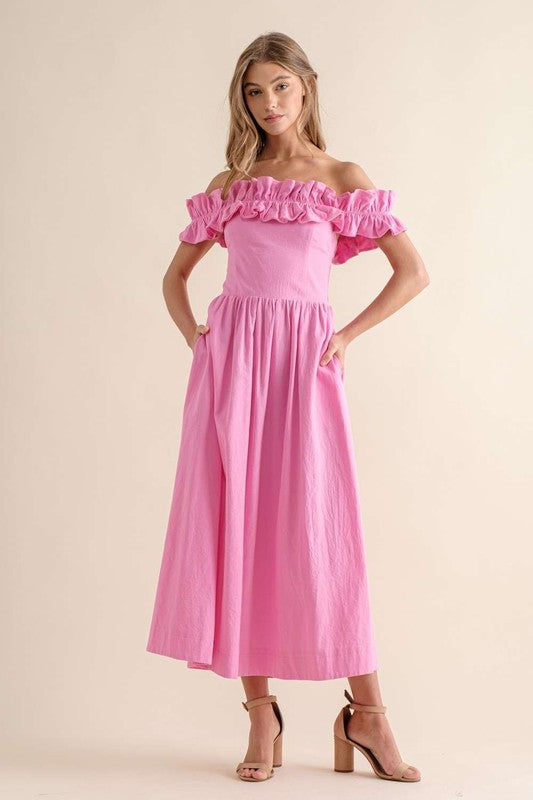 OFF SHOULDERS RUFFLES MAXI DRESS