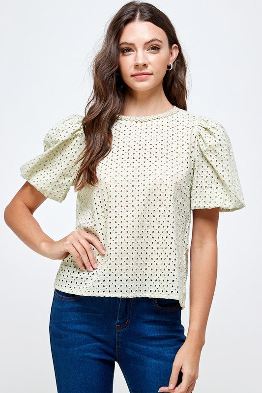 PEARL NECK DETAIL EYELET TOP