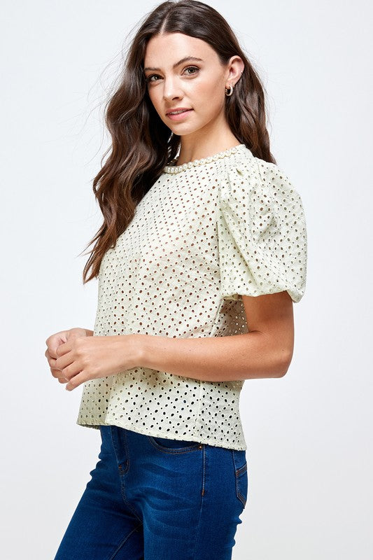 PEARL NECK DETAIL EYELET TOP