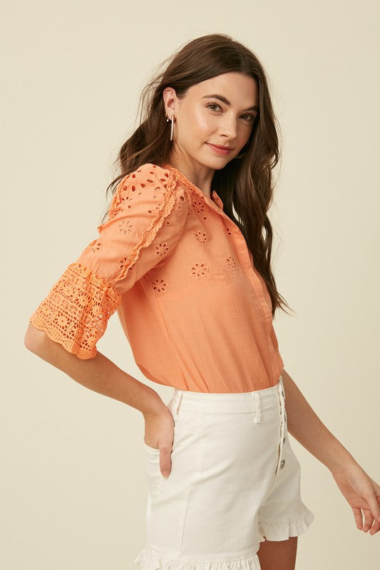 EMBROIDERY COTTON EYELET BUTTON DOWN TOP