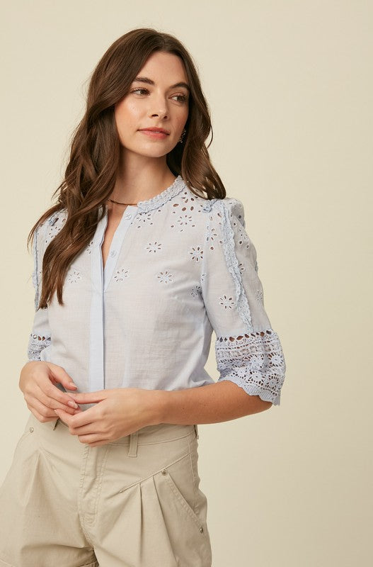 EMBROIDERY COTTON EYELET BUTTON DOWN TOP