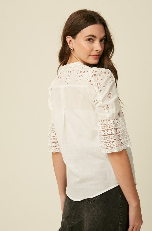 EMBROIDERY COTTON EYELET BUTTON DOWN TOP