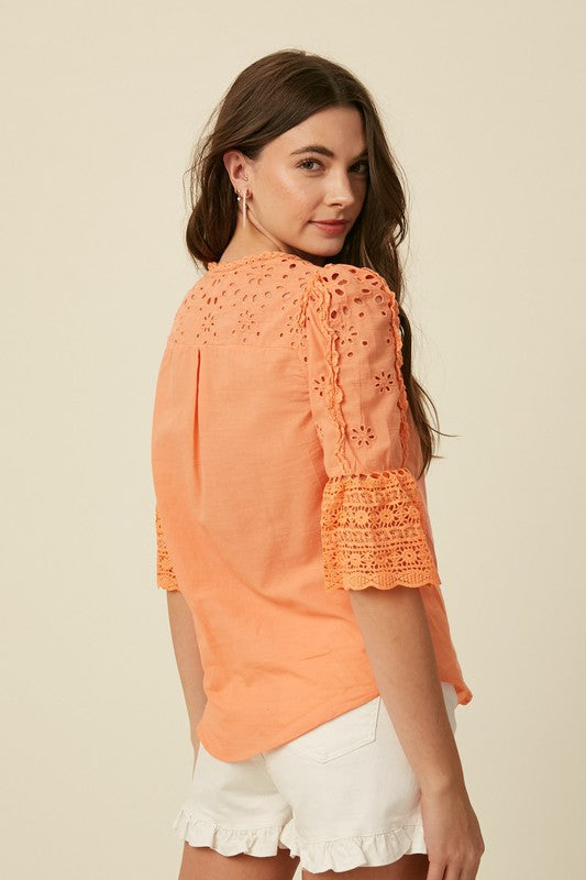 EMBROIDERY COTTON EYELET BUTTON DOWN TOP