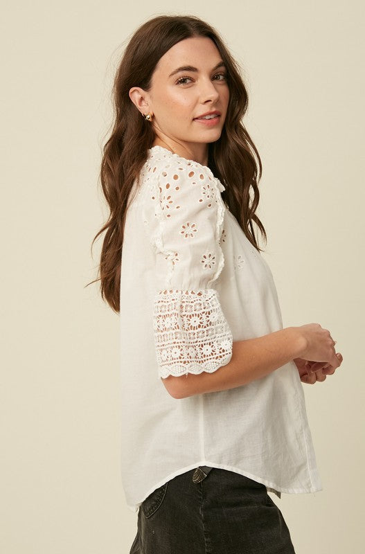 EMBROIDERY COTTON EYELET BUTTON DOWN TOP