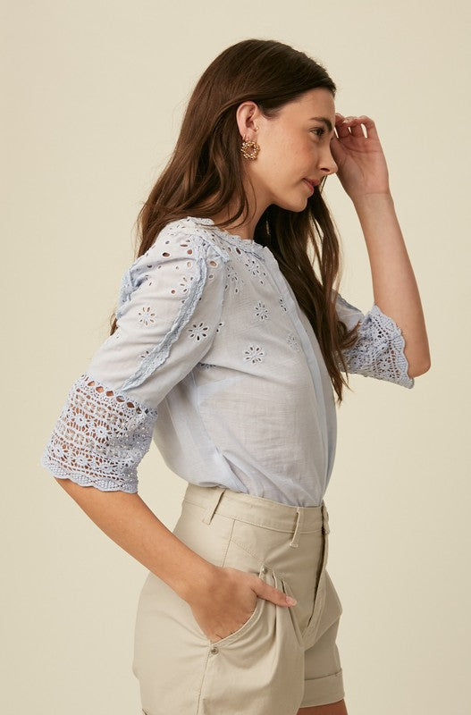 EMBROIDERY COTTON EYELET BUTTON DOWN TOP