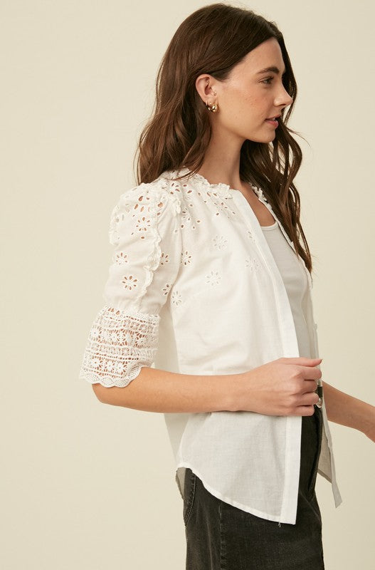 EMBROIDERY COTTON EYELET BUTTON DOWN TOP