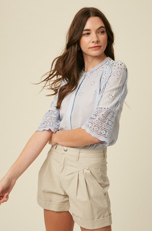 EMBROIDERY COTTON EYELET BUTTON DOWN TOP