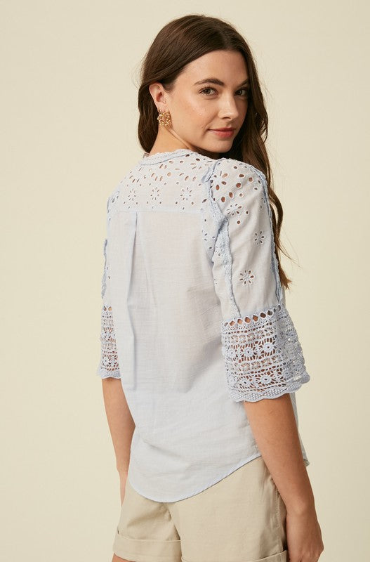 EMBROIDERY COTTON EYELET BUTTON DOWN TOP