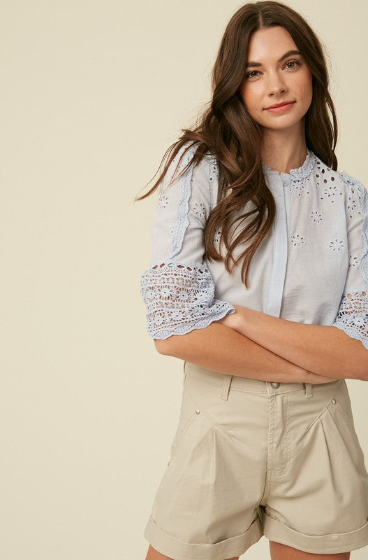 EMBROIDERY COTTON EYELET BUTTON DOWN TOP