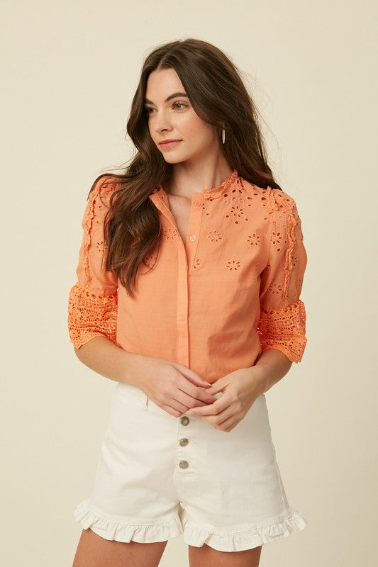 EMBROIDERY COTTON EYELET BUTTON DOWN TOP