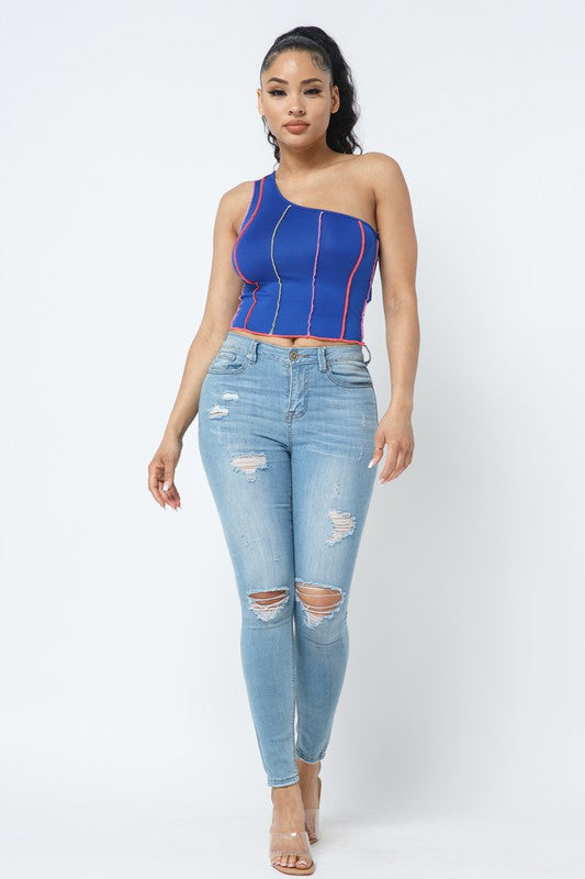 ONE SHOULDER RIB BASIC TOP