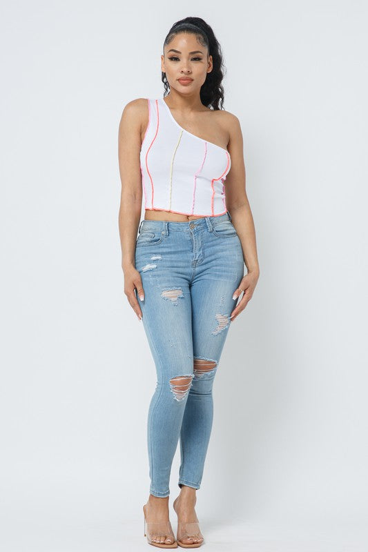 ONE SHOULDER RIB BASIC TOP