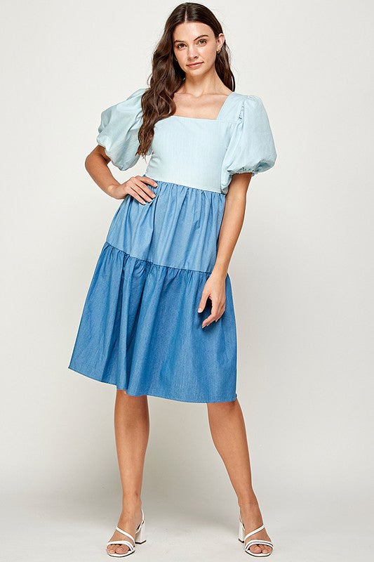 DENIM COLOR BLOCKED DRESS