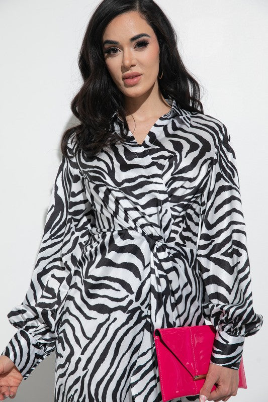 ZEBRA PRINT TWIST FRONT LONG SLEEVE DRESS