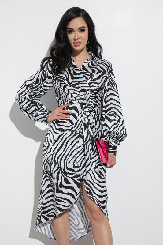 ZEBRA PRINT TWIST FRONT LONG SLEEVE DRESS