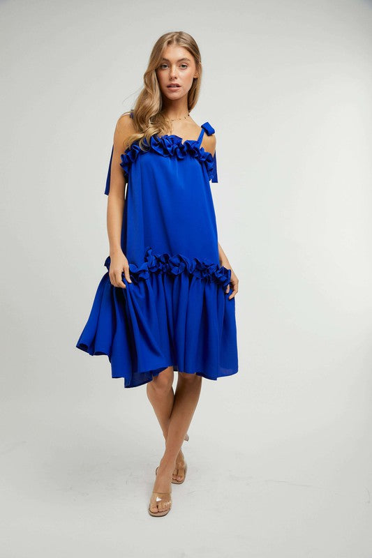 RUFFLED HEM TIE STRAP MIDI DRESS