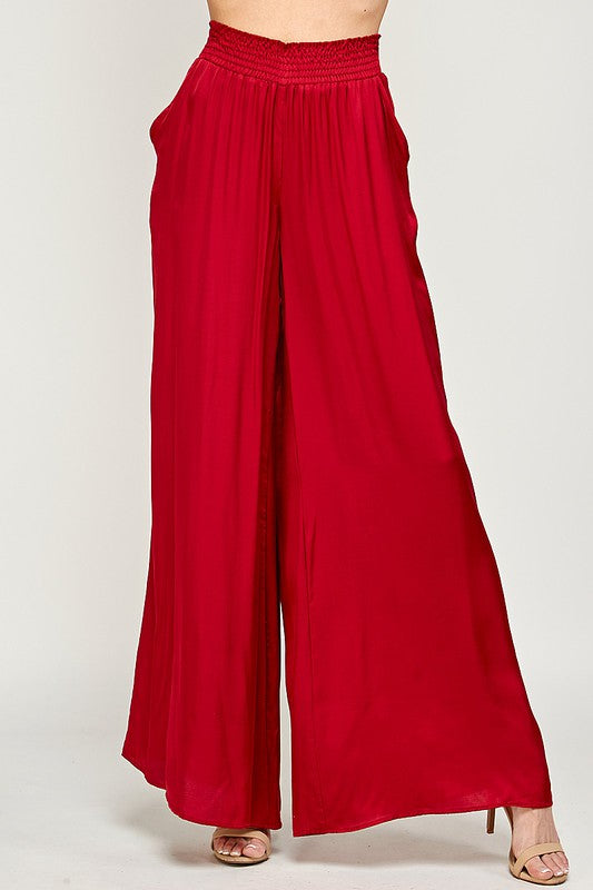 ELASTIC WAIST SATIN WIDE LEG PANTS