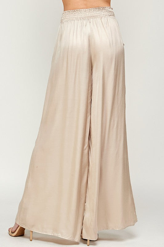 ELASTIC WAIST SATIN WIDE LEG PANTS