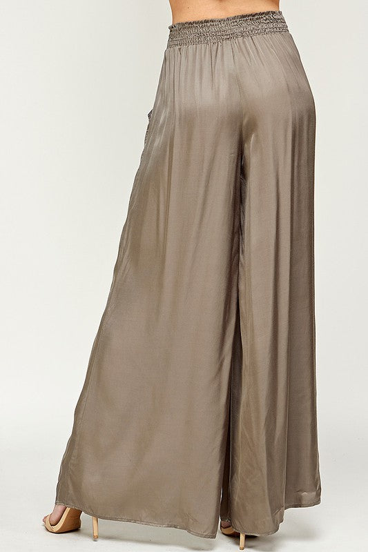 ELASTIC WAIST SATIN WIDE LEG PANTS