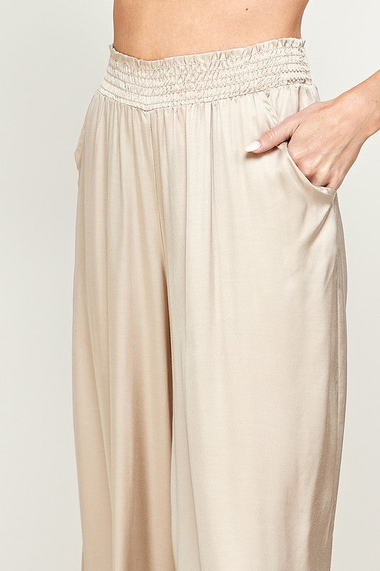 ELASTIC WAIST SATIN WIDE LEG PANTS