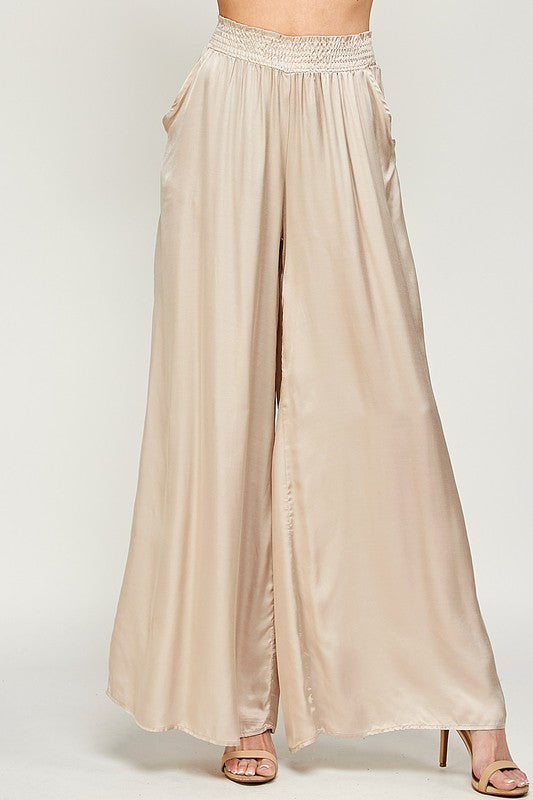 ELASTIC WAIST SATIN WIDE LEG PANTS