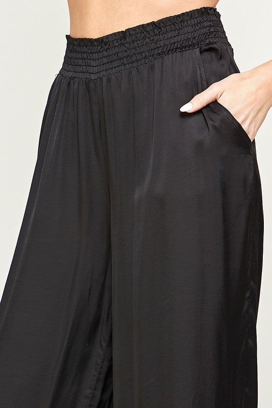 ELASTIC WAIST SATIN WIDE LEG PANTS