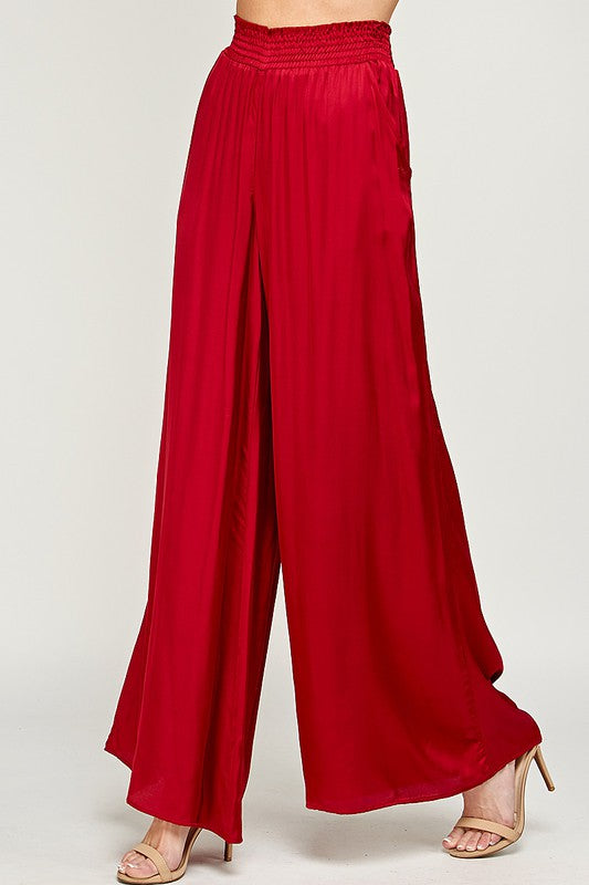 ELASTIC WAIST SATIN WIDE LEG PANTS