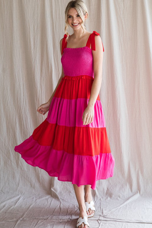 COLORBLOCK BABY DOLL TIERED MIDI DRESS