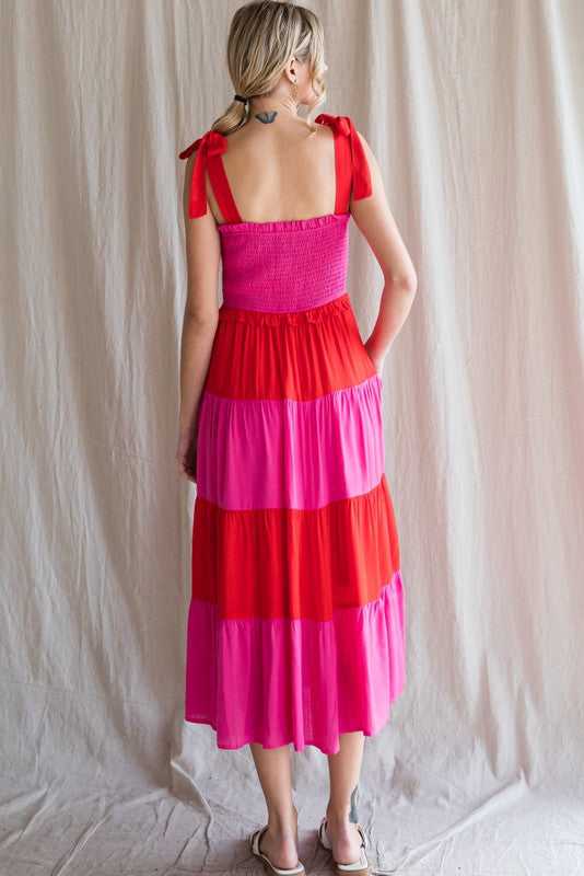 COLORBLOCK BABY DOLL TIERED MIDI DRESS