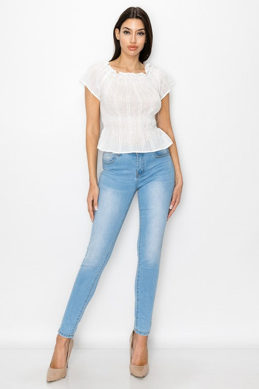 OFF SHOULDER EYELET TOP