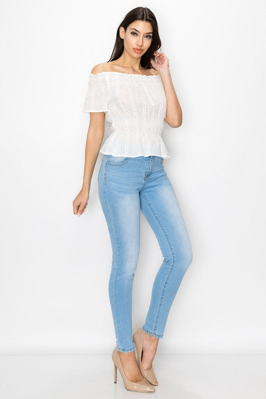 OFF SHOULDER EYELET TOP