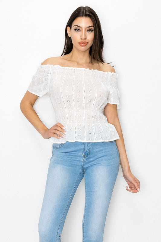 OFF SHOULDER EYELET TOP