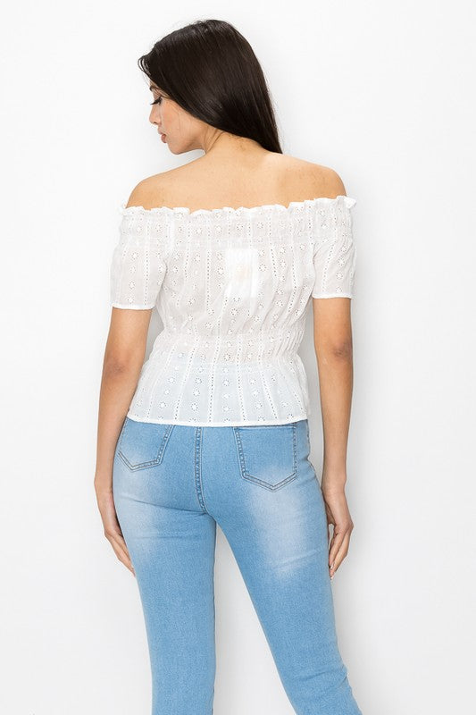 OFF SHOULDER EYELET TOP