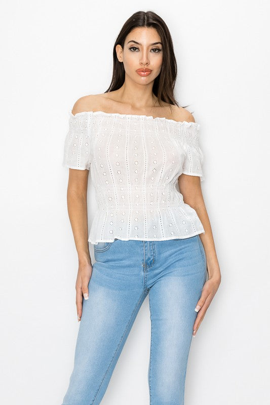 OFF SHOULDER EYELET TOP