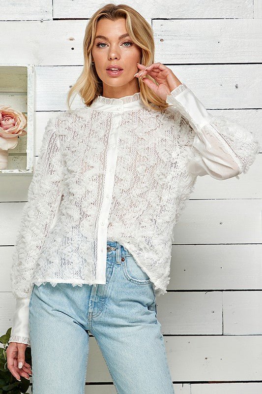 BUTTON DOWN LACE BLOUSE WITH RUFFLES