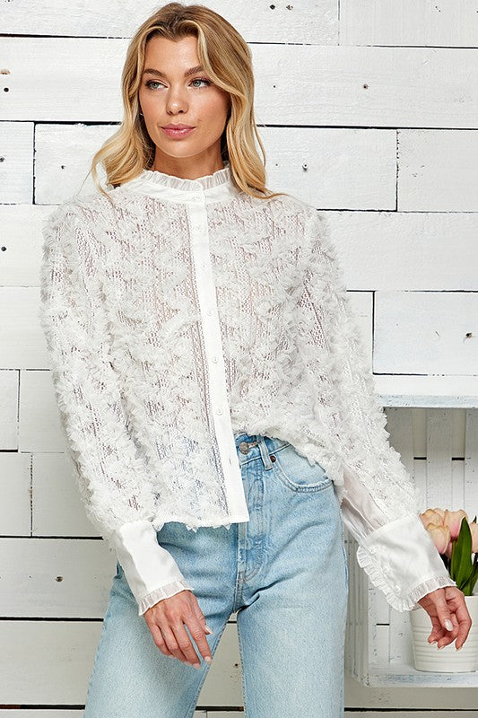 BUTTON DOWN LACE BLOUSE WITH RUFFLES