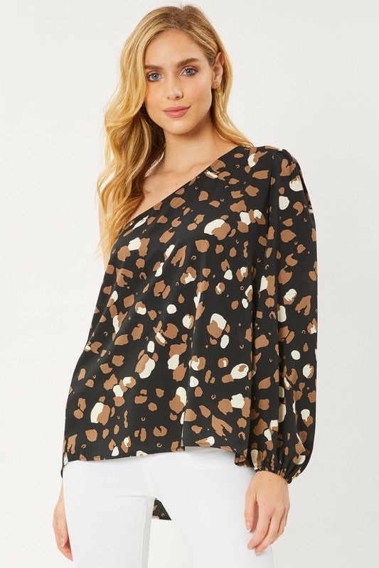 LEOPARD PRINTED ONE SHOULDER WOVEN TOP