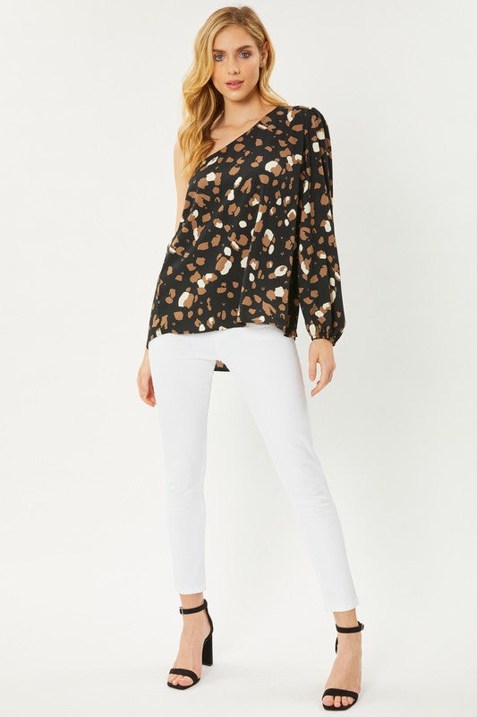 LEOPARD PRINTED ONE SHOULDER WOVEN TOP