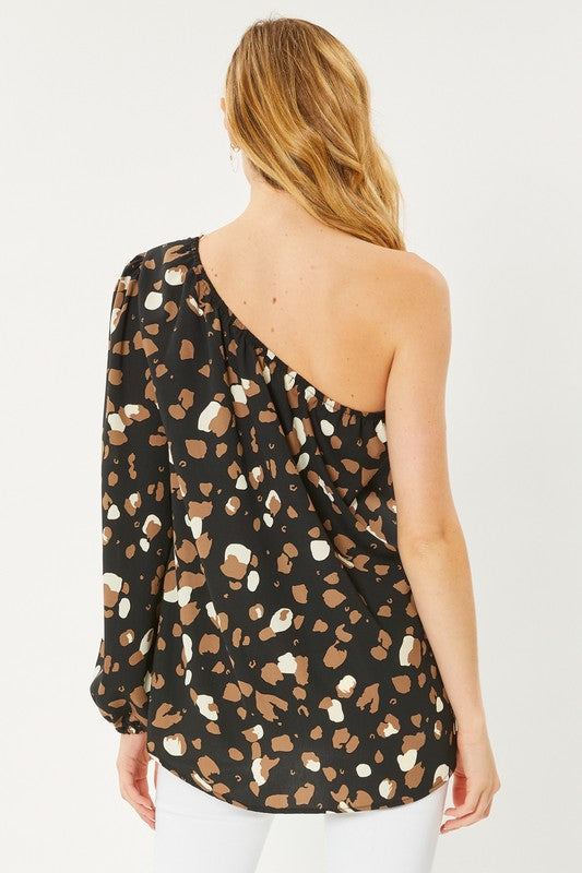 LEOPARD PRINTED ONE SHOULDER WOVEN TOP