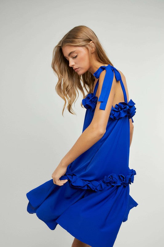 RUFFLED HEM TIE STRAP MIDI DRESS