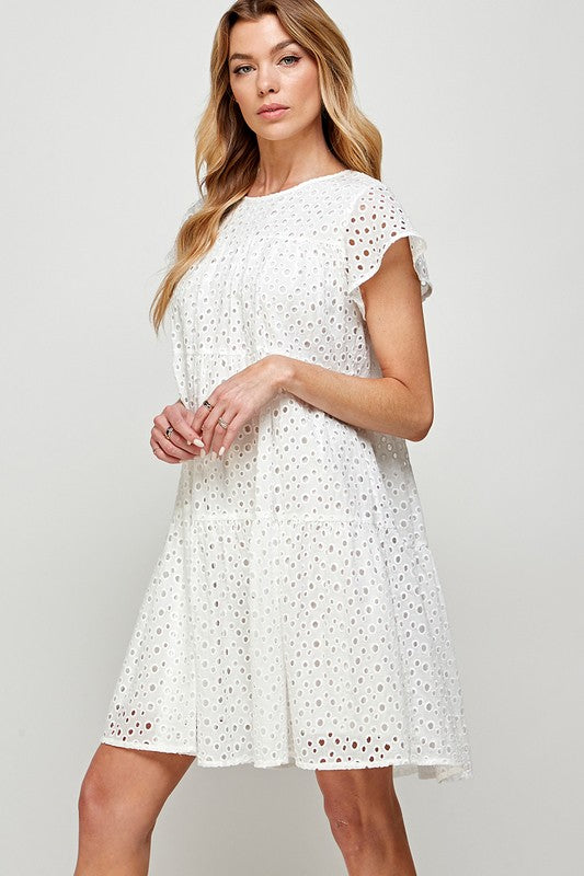 EYELET EMBROIDERY TIERED SHORT DRESS